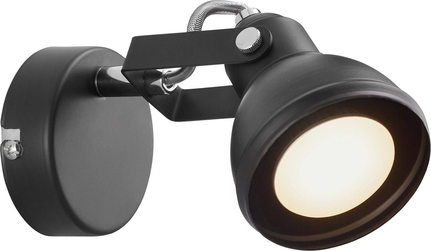 A sleek black wall-mounted spotlight with a round base and an adjustable arm, casting a bright circular light suitable for accent lighting.