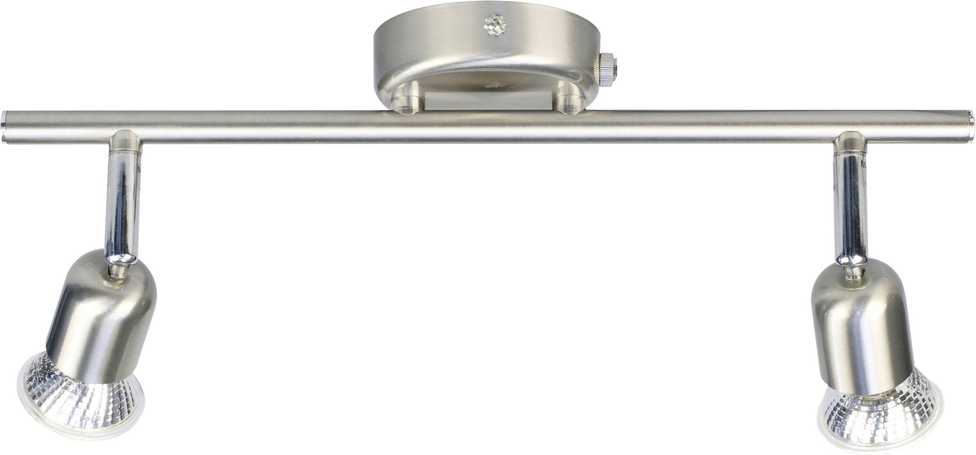 A modern ceiling-mounted metal light fixture with two adjustable spotlight bulbs, designed for directional lighting in a room.