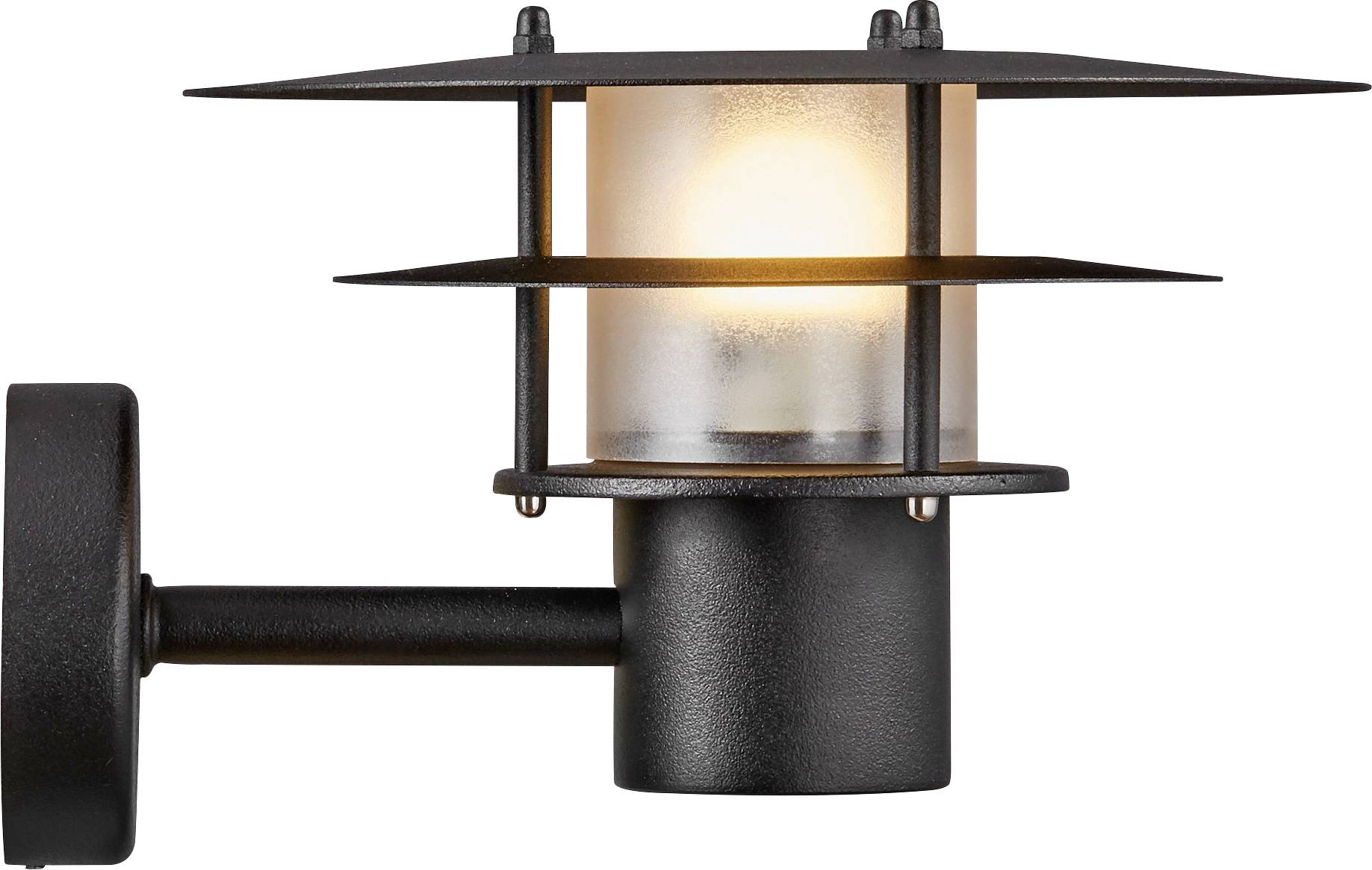 A modern outdoor wall lantern with a matte black finish, featuring a frosted glass shade and an incandescent bulb, designed for exterior illumination.