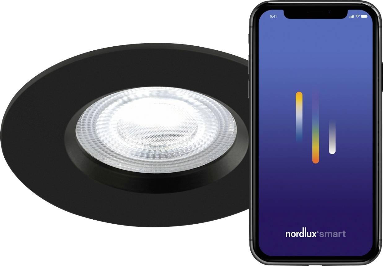 A circular, black smart light with an illuminated center is next to a smartphone displaying the 'nordlux smart' app interface.