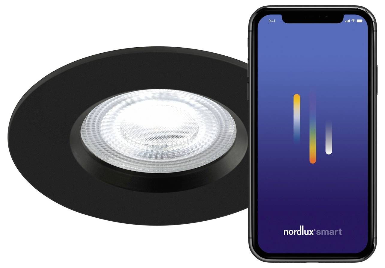 'A black recessed LED light next to a smartphone screen displaying the Nordlux Smart app interface with colorful lines.'