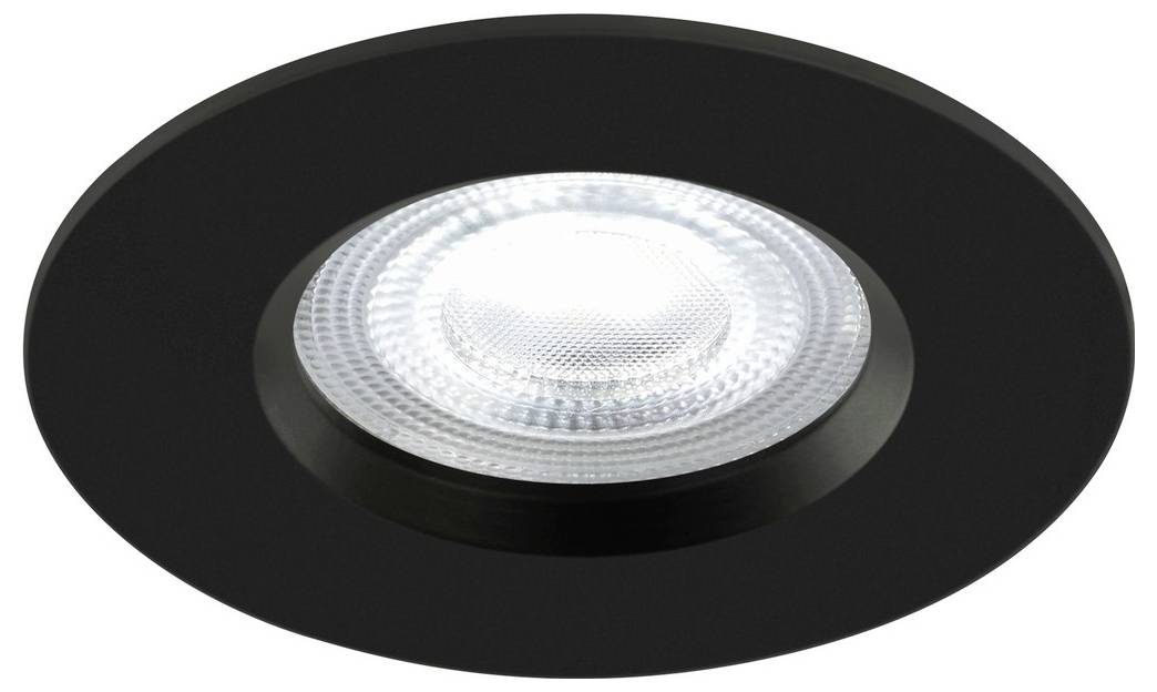 Recessed LED ceiling light with a black trim and a round lens emitting bright white light.