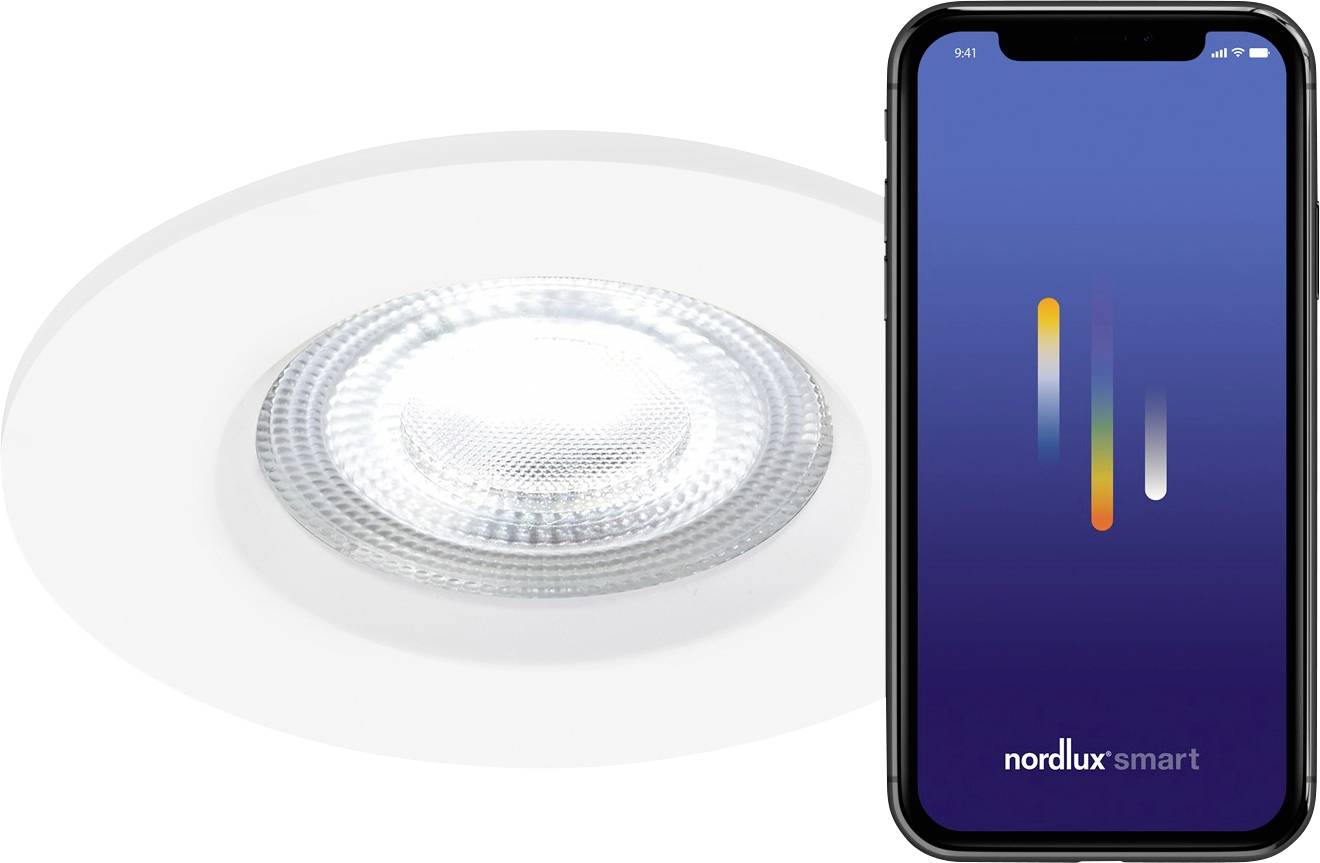 A smartphone screen showing the 'nordlux smart' app next to a smart LED ceiling light, indicating compatibility and control features.