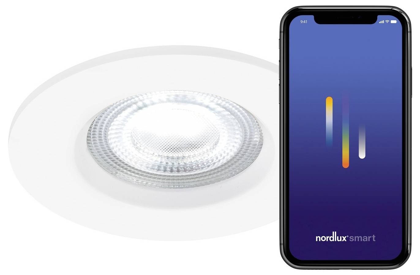 A recessed smart LED light is shown alongside a smartphone displaying an app interface, indicating control or customization features.
