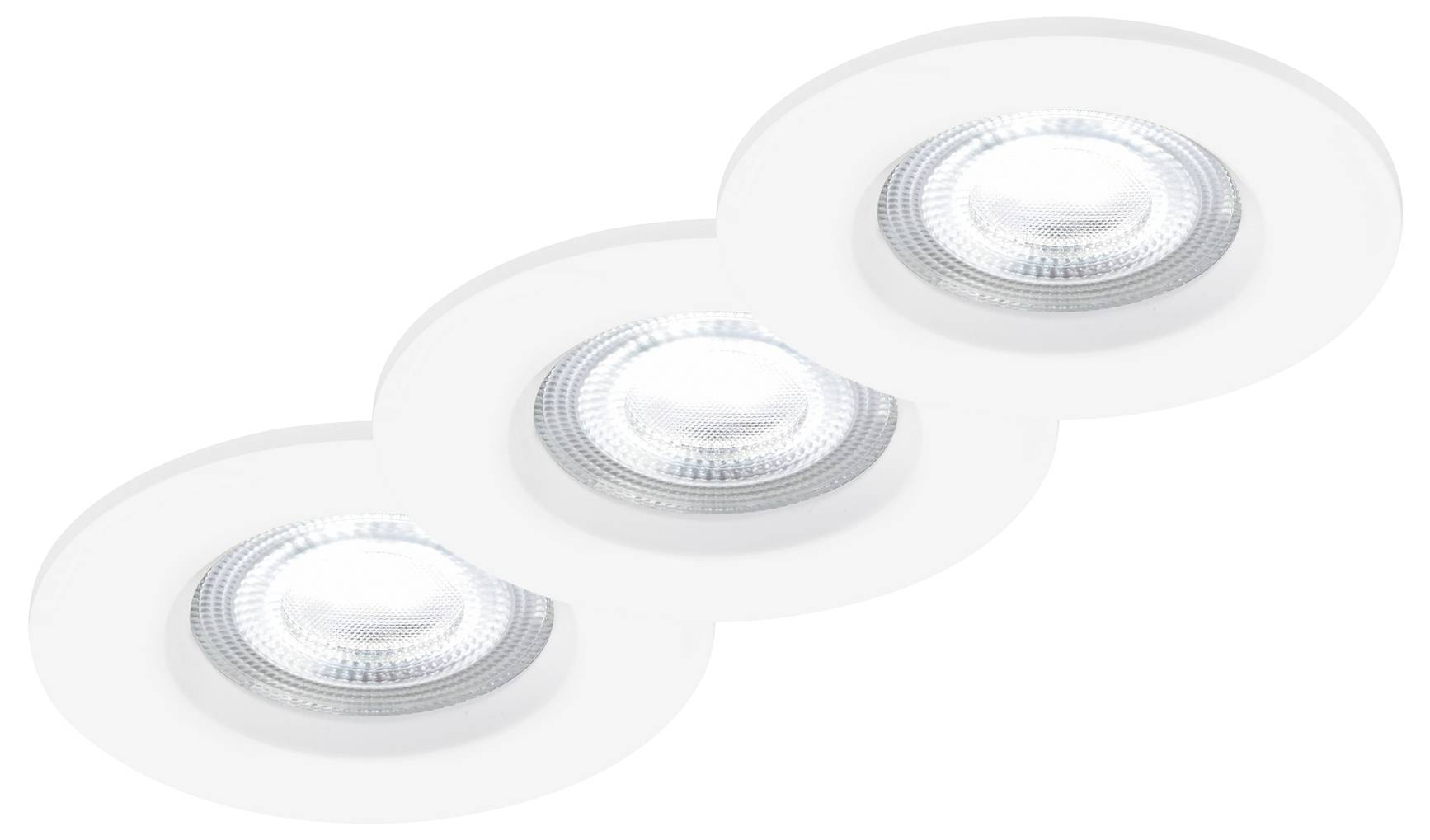 Three round, recessed LED ceiling lights are shown, emitting a bright white glow. The lights are aligned in a row on a white background.
