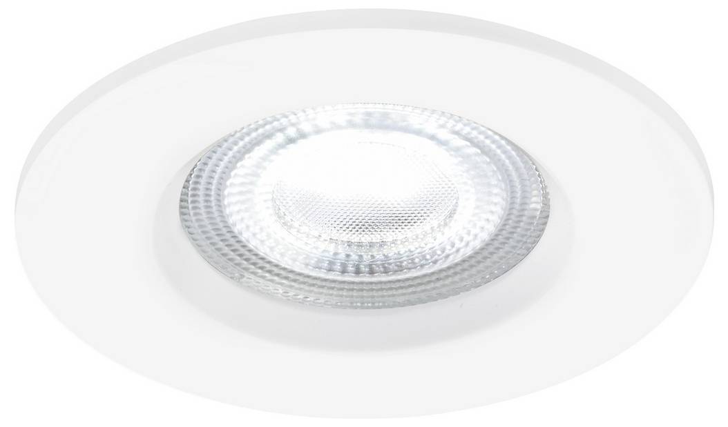 A round recessed ceiling light with a metallic reflector and a clear, textured lens, emitting light downwards.