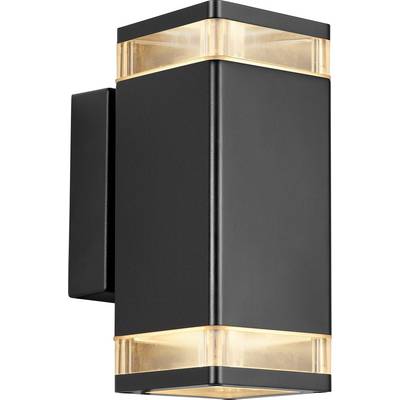 A modern black wall sconce with angular design and glass accents, emits warm light from top and bottom, suitable for indoor or outdoor use.