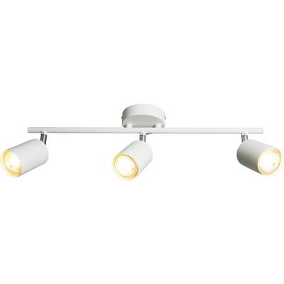 A white ceiling light fixture with three adjustable spotlights. Each spotlight has a cylindrical shape and emits a warm, focused light.