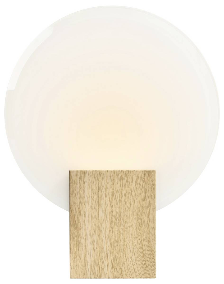 A minimalist wall light with a wooden base and a round frosted glass shade, emitting a soft, warm glow.