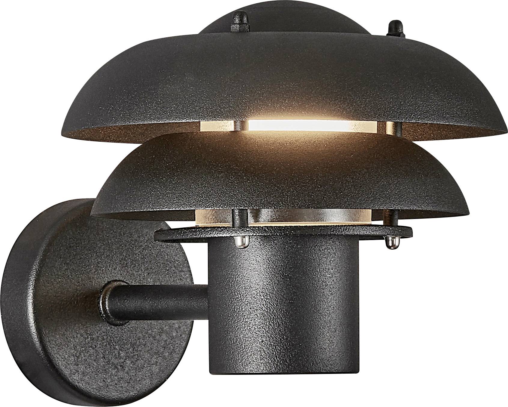 A modern black wall sconce with three-tiered lampshade design emits a soft, warm glow. Ideal for contemporary interior lighting.