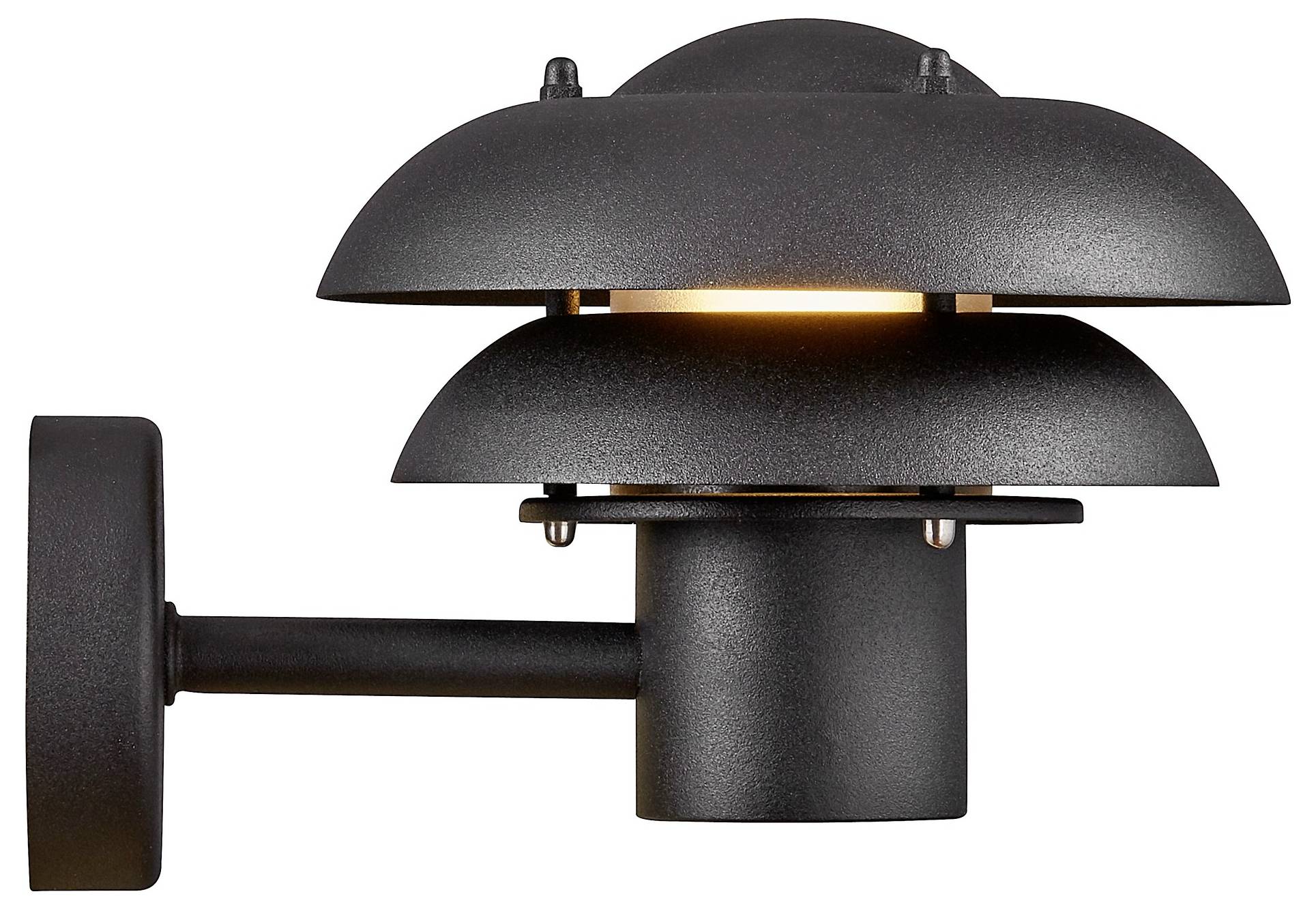 A black, modern wall sconce light fixture with layered circular shades, emitting a warm glow from the center.