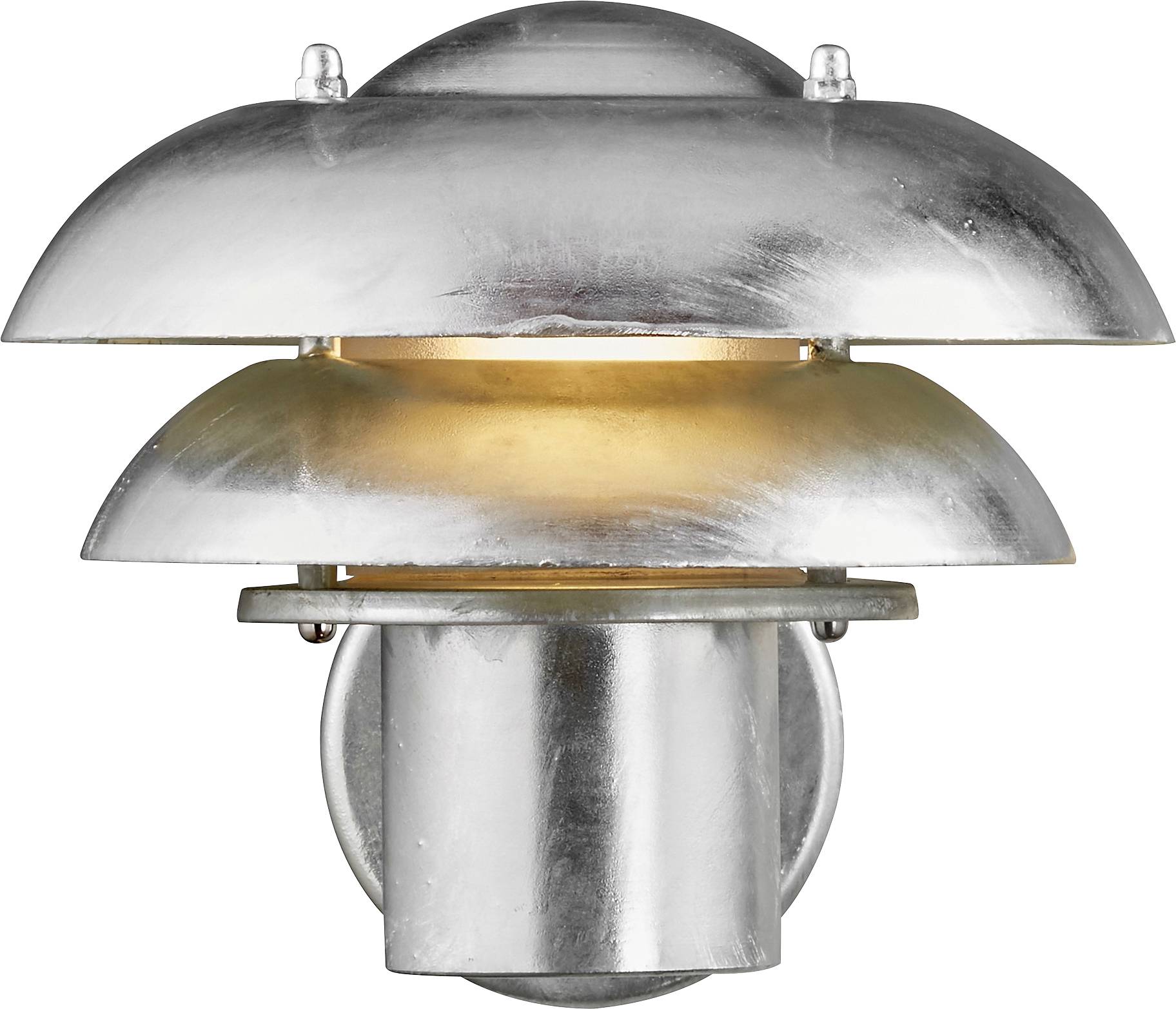 Metallic wall-mounted lamp with layered design, glowing light at center.