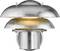 Metallic wall-mounted lamp with layered design, glowing light at center.