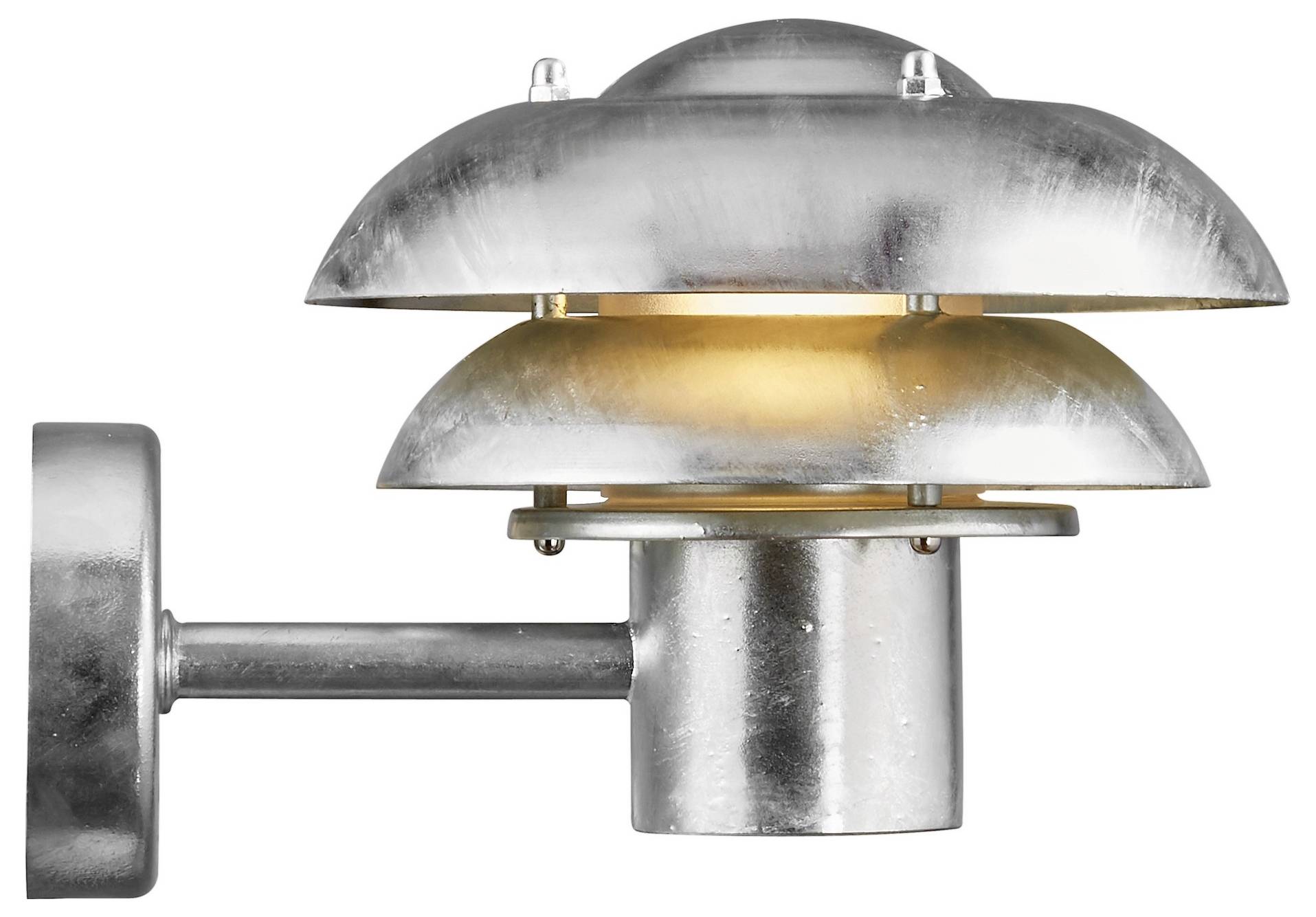 A modern, stainless steel outdoor wall light with layered dome design, softly glowing to illuminate exterior spaces.