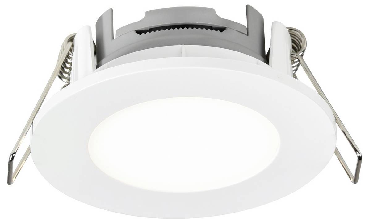 A round ceiling LED light fixture with a white trim and metal clips on the sides for installation.