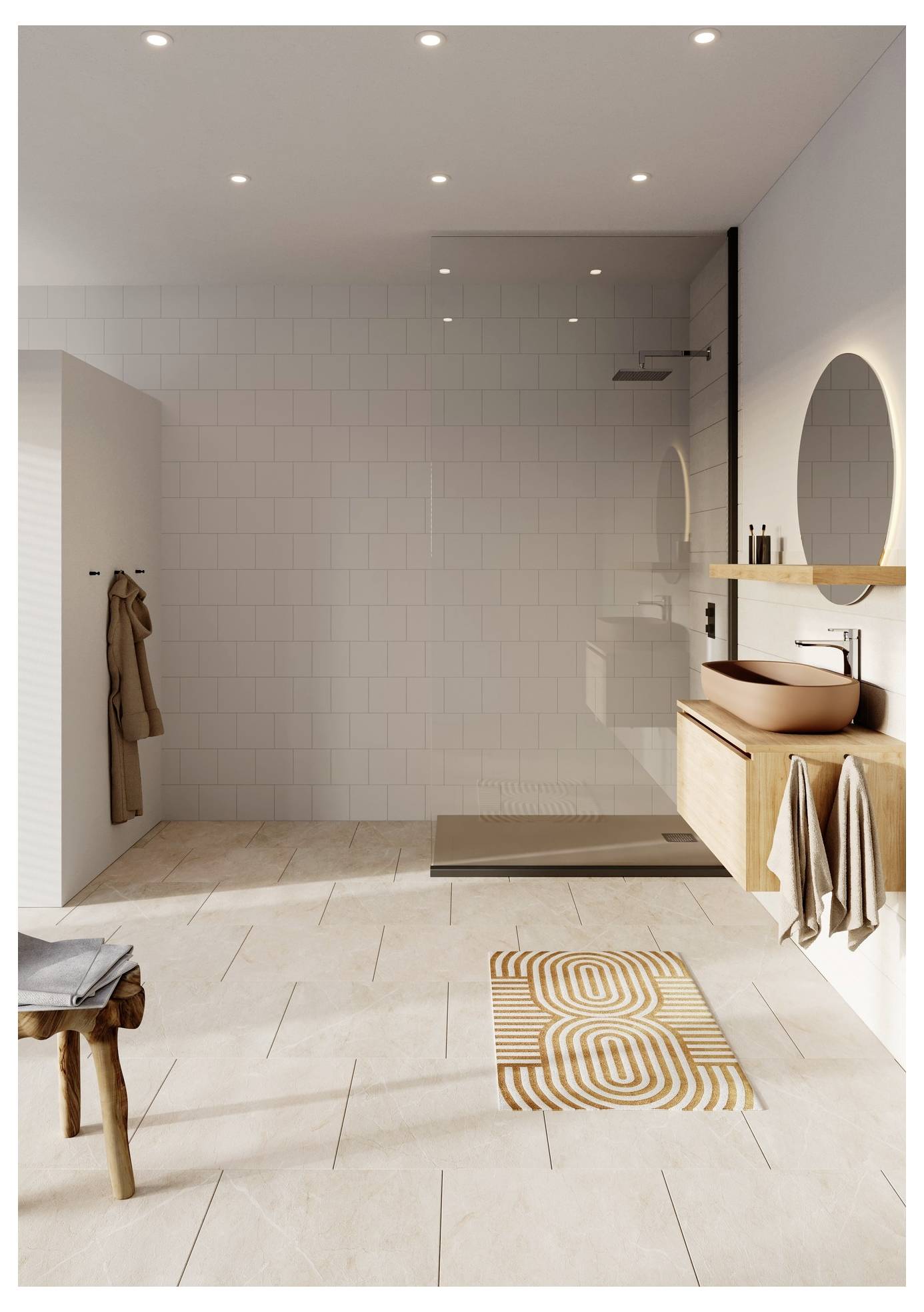 A modern bathroom with a walk-in shower, circular mirror, wooden vanity with a brown sink, and a patterned rug on the tiled floor.