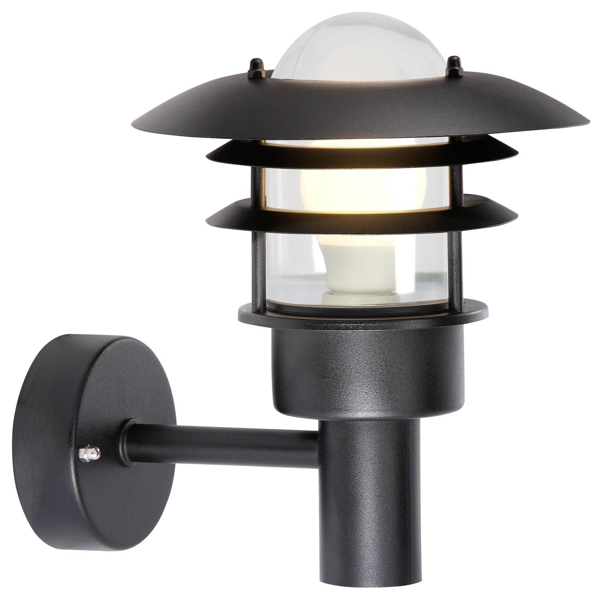 A modern black outdoor wall light with a dome-shaped glass cover, mounted on a wall bracket, illuminating softly.