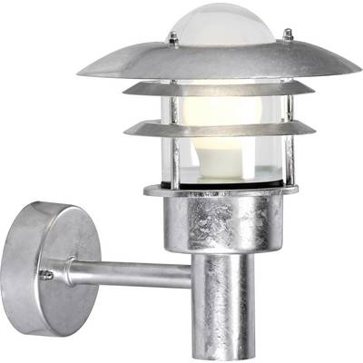 A modern, wall-mounted outdoor light fixture with a silver metal finish and a glass cover surrounding the bulb, illuminating softly.
