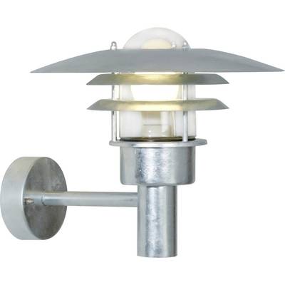 A modern, wall-mounted outdoor light fixture with a metallic finish and layered design, featuring a central bulb behind protective shades.
