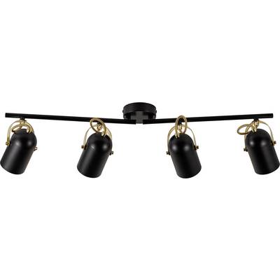 A black and gold four-light ceiling fixture with adjustable spotlights mounted on a straight bar.