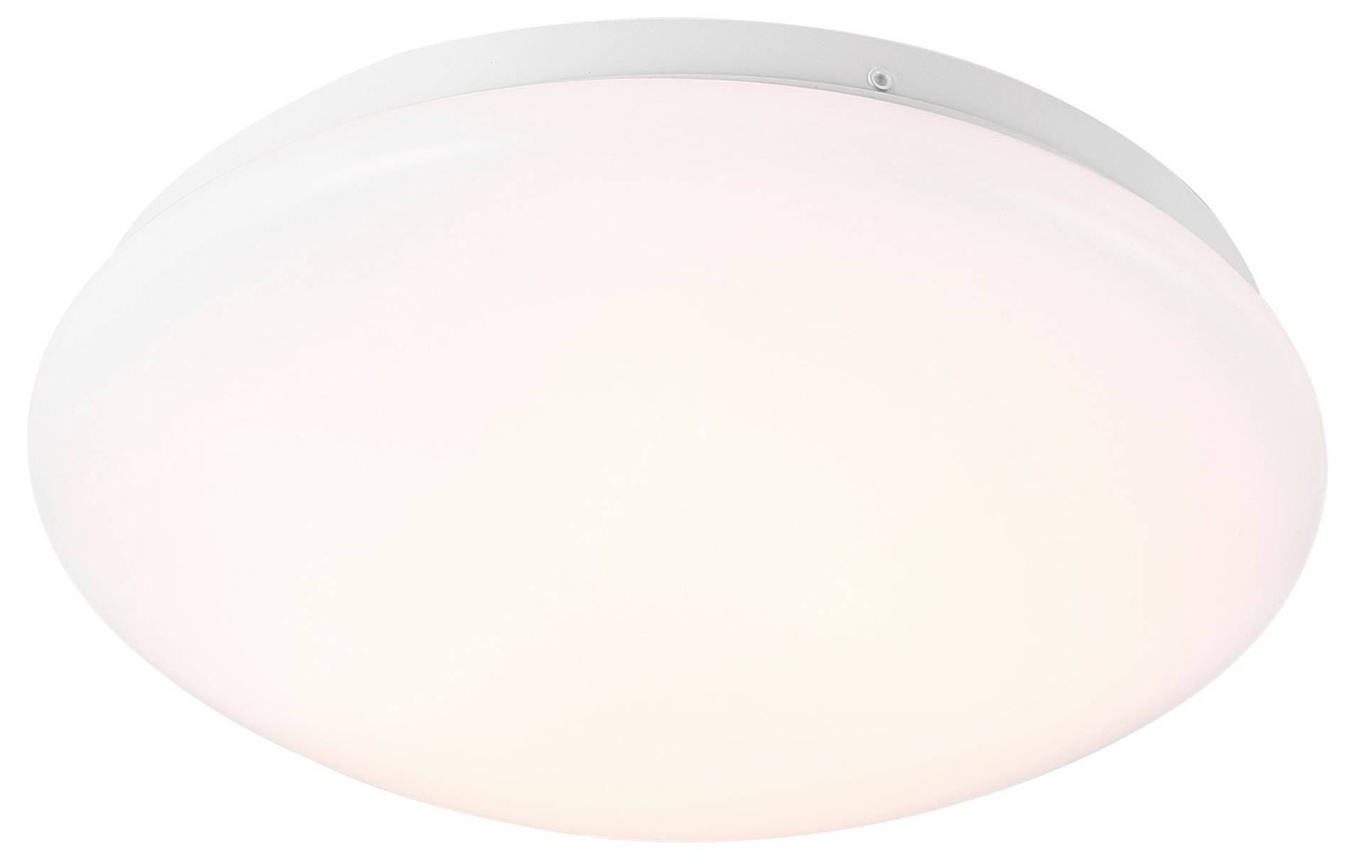 A circular white ceiling light fixture with a smooth, frosted surface, emitting a warm glow.