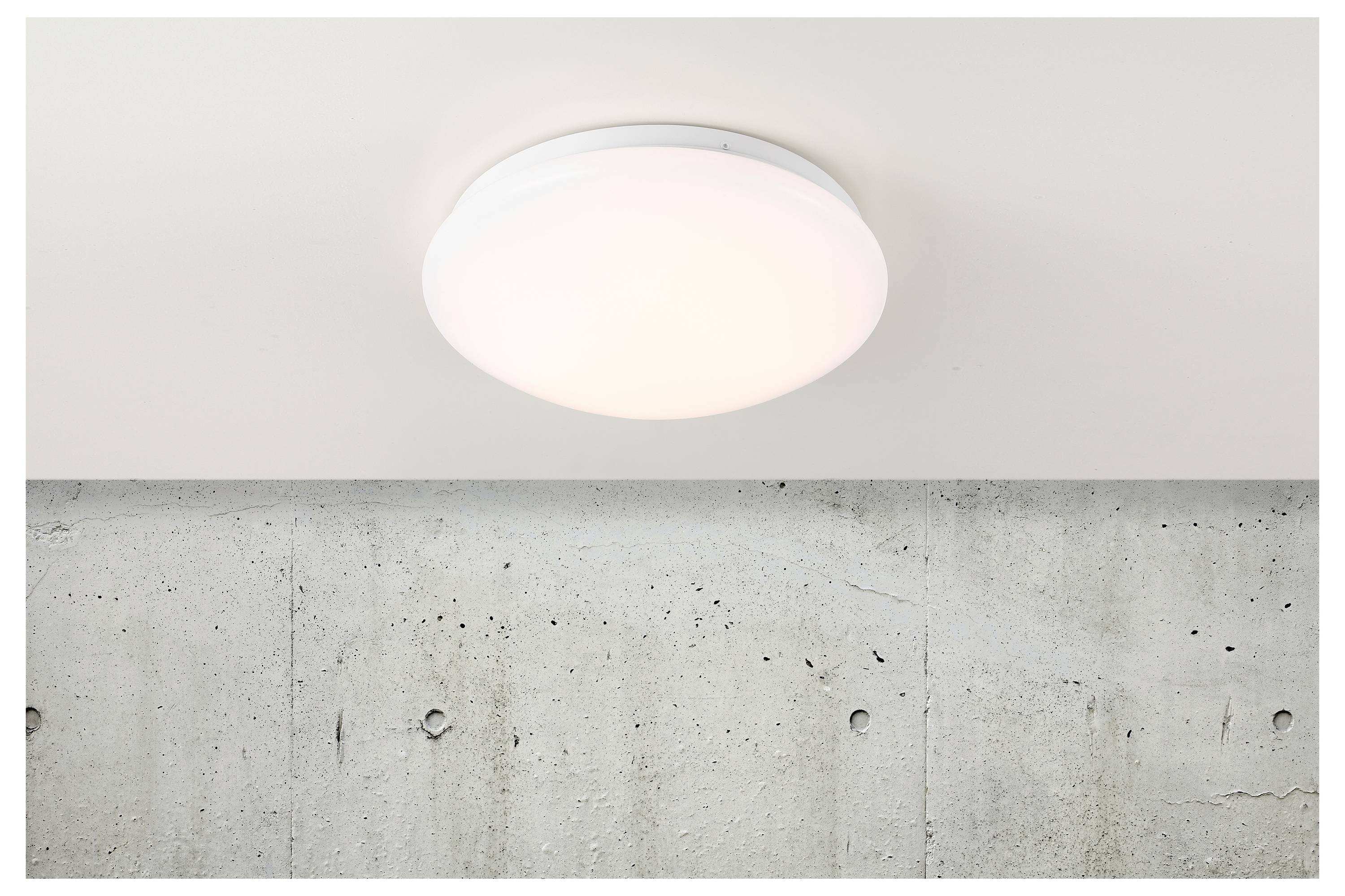 A round, white ceiling light fixture is mounted on a smooth, light-colored ceiling above a concrete wall.