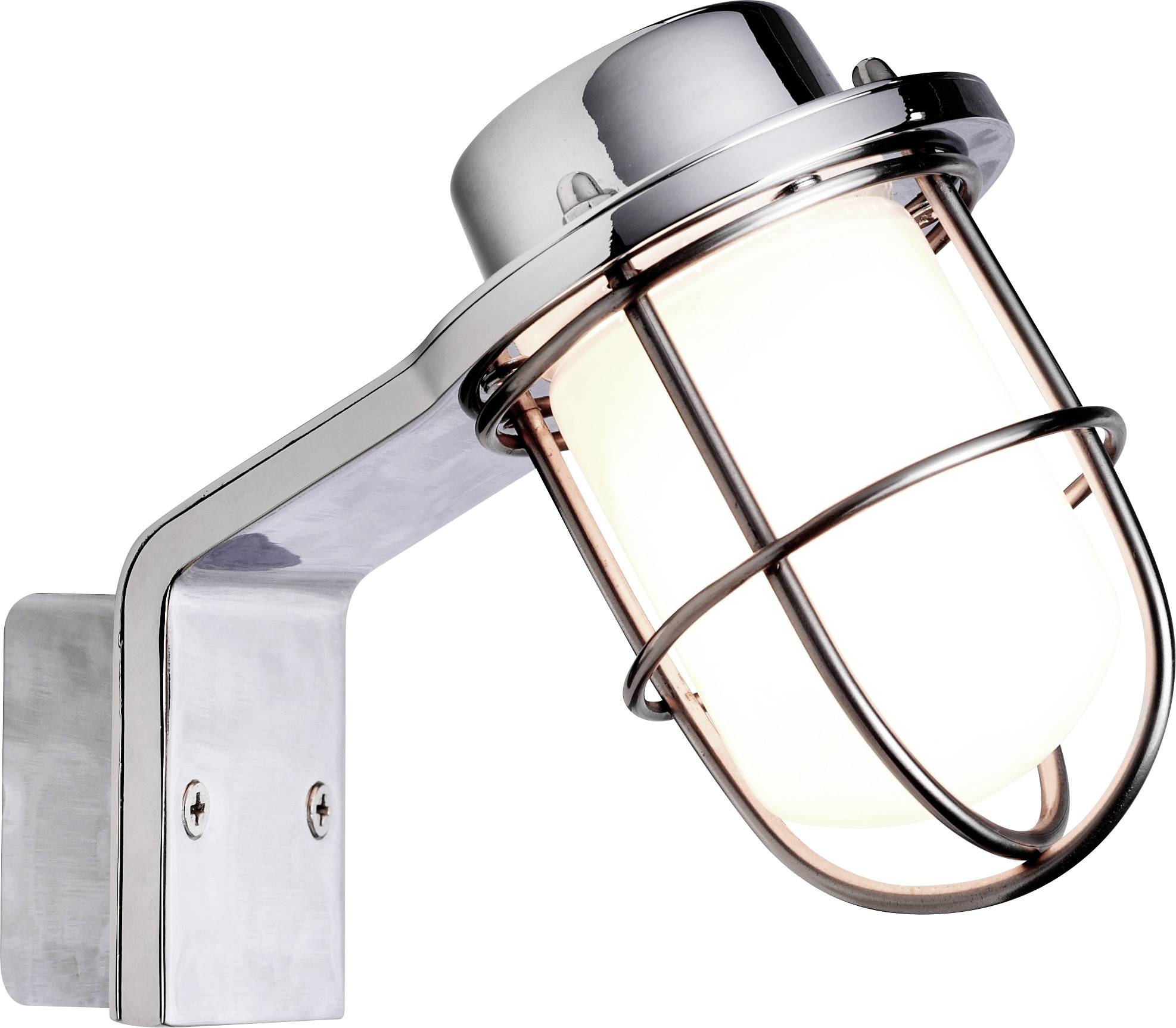 A silver metal wall-mounted light fixture with a protective cage encasing a bright white bulb.