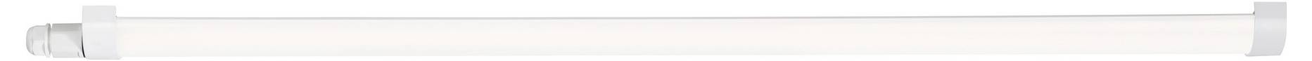 A long, cylindrical LED tube light is shown with a frosted white cover and metal caps on both ends.