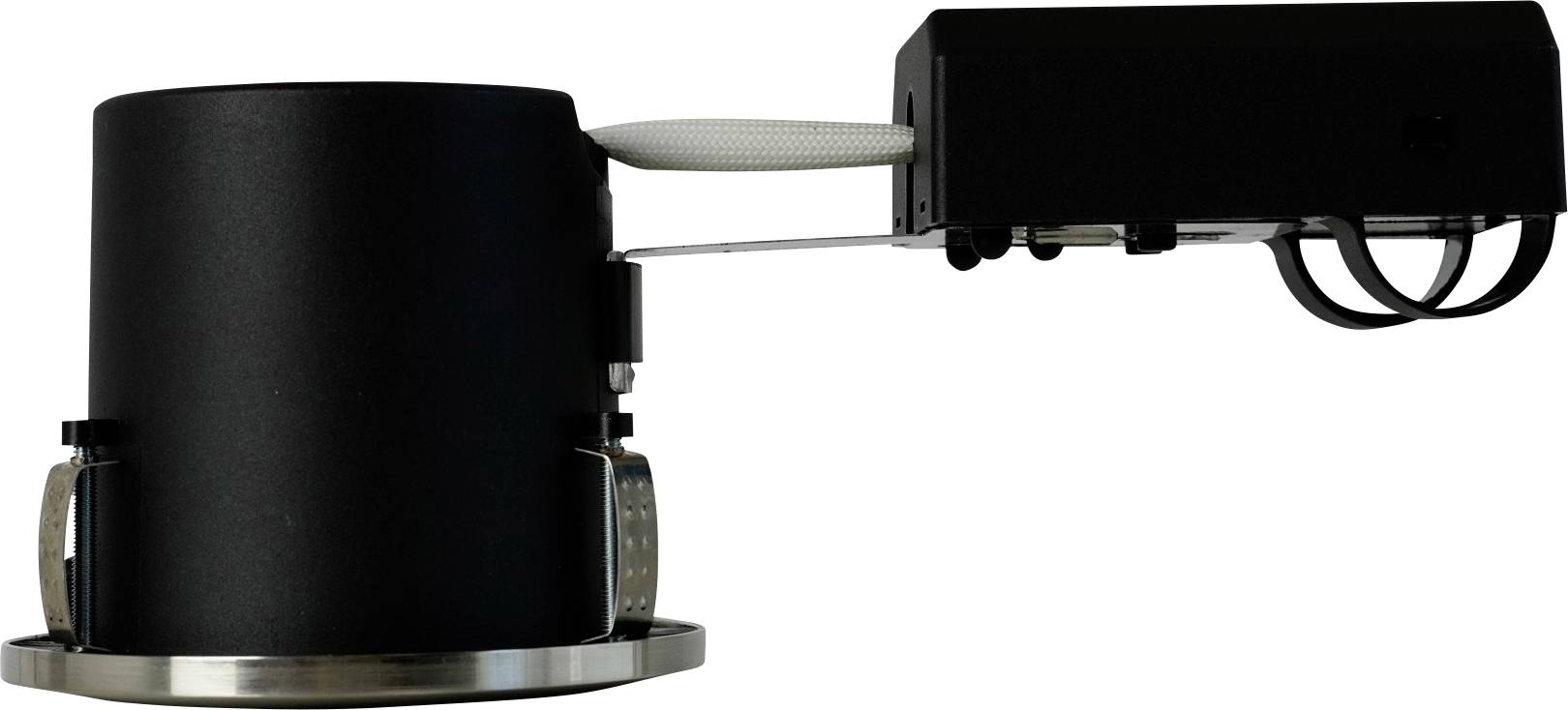 'Black cylindrical recessed light fixture with attached rectangular junction box and connecting cables.'