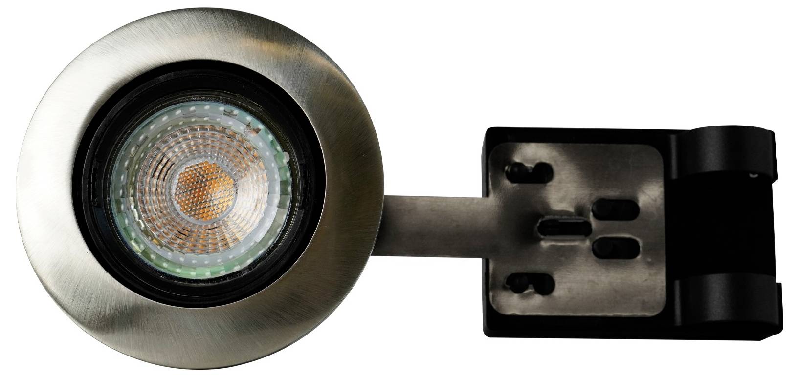 A round metallic light fixture with a black mounting bracket, featuring a clear lens and an LED bulb inside.