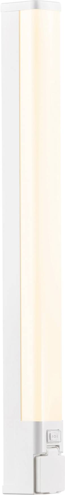 A slim, vertical LED wall light with a white frame and soft, warm glow, suitable for modern indoor settings.