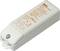 A white electronic LED driver with orange text detailing technical specifications and compliance symbols like CE and recycling icons.