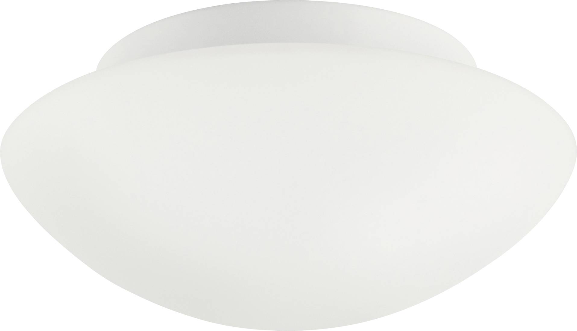 A round, white, flush mount ceiling light fixture with a smooth, matte finish.