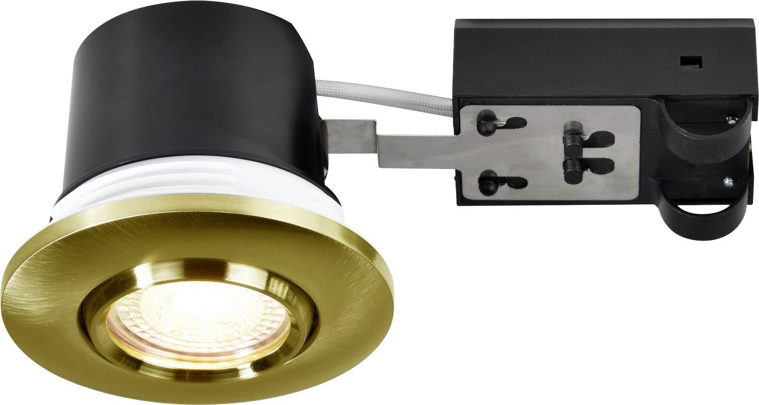 A recessed gold and black ceiling light fixture designed for modern interiors, with a cylindrical shape and installed wiring bracket.