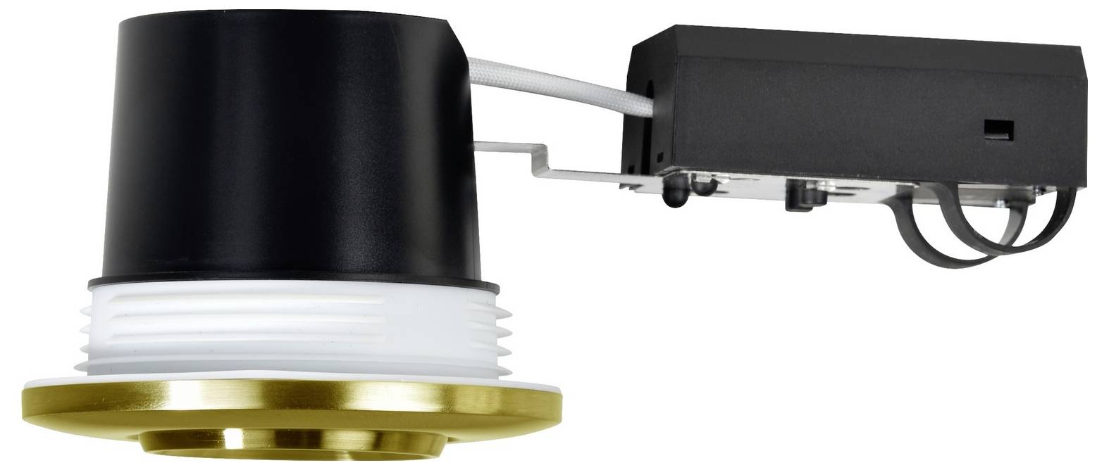 A recessed ceiling light fixture with a black housing, frosted bulb cover, and brass-colored trim, featuring a connected black junction box.