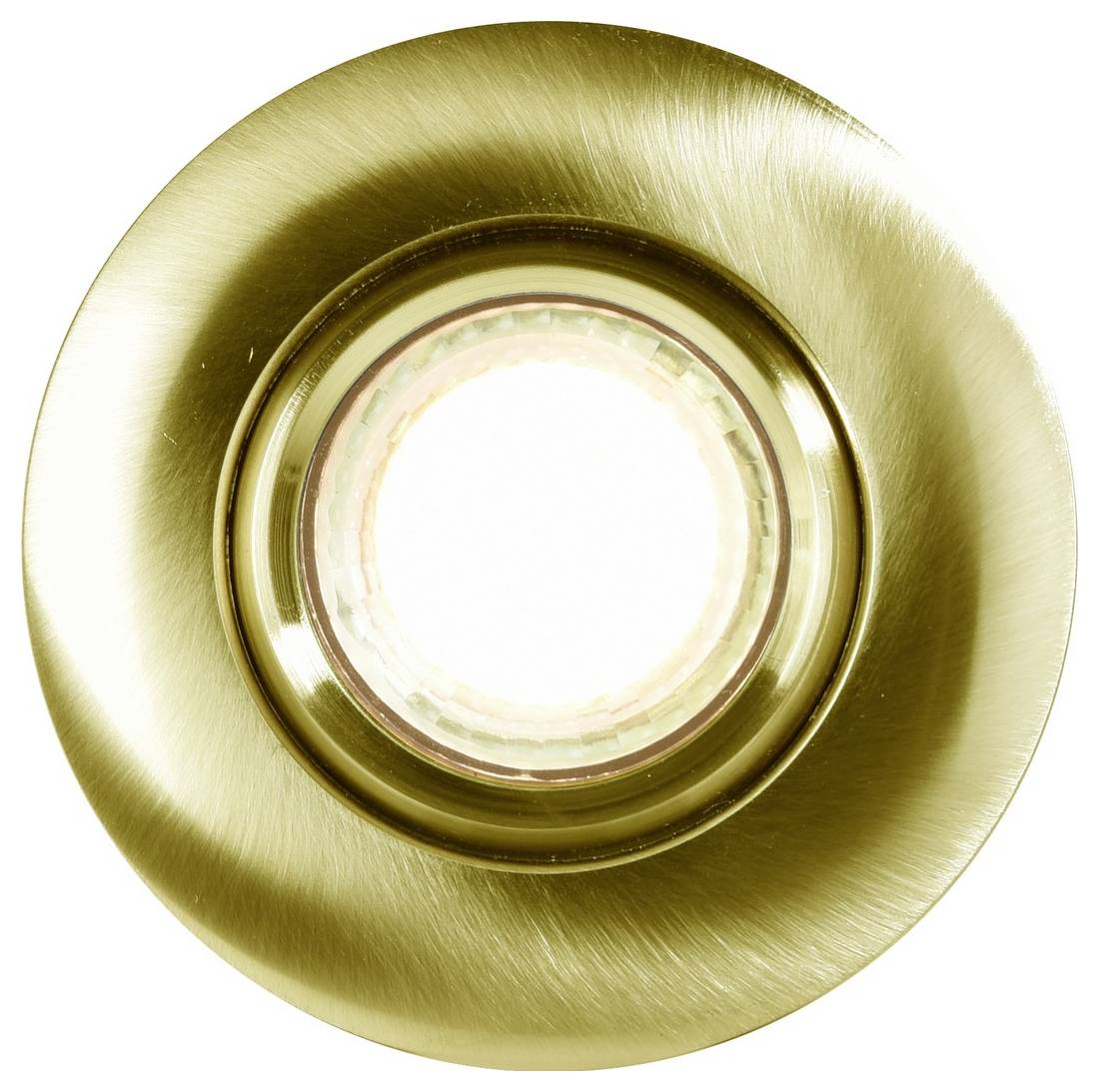 'Gold circular recessed light fixture, illuminated center, brushed metal finish.'