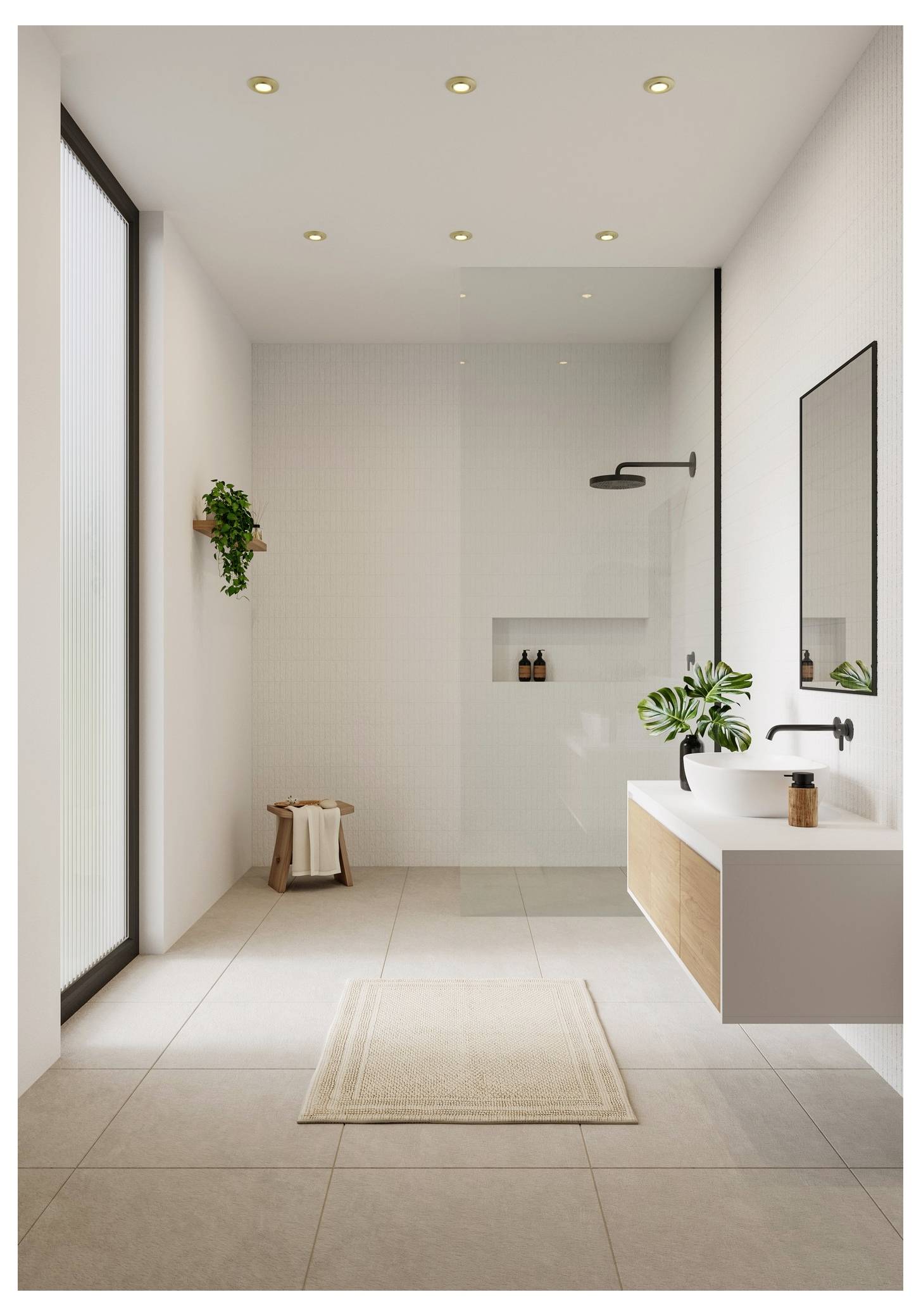 Modern bathroom with a minimalist design, featuring a walk-in shower, wall-mounted sink, rectangular mirror, and potted plants.