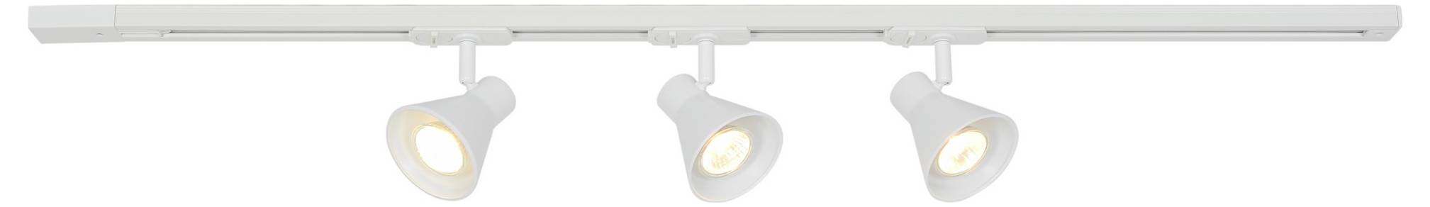 A white track lighting fixture with three adjustable cone-shaped lamps, each emitting a warm glow.
