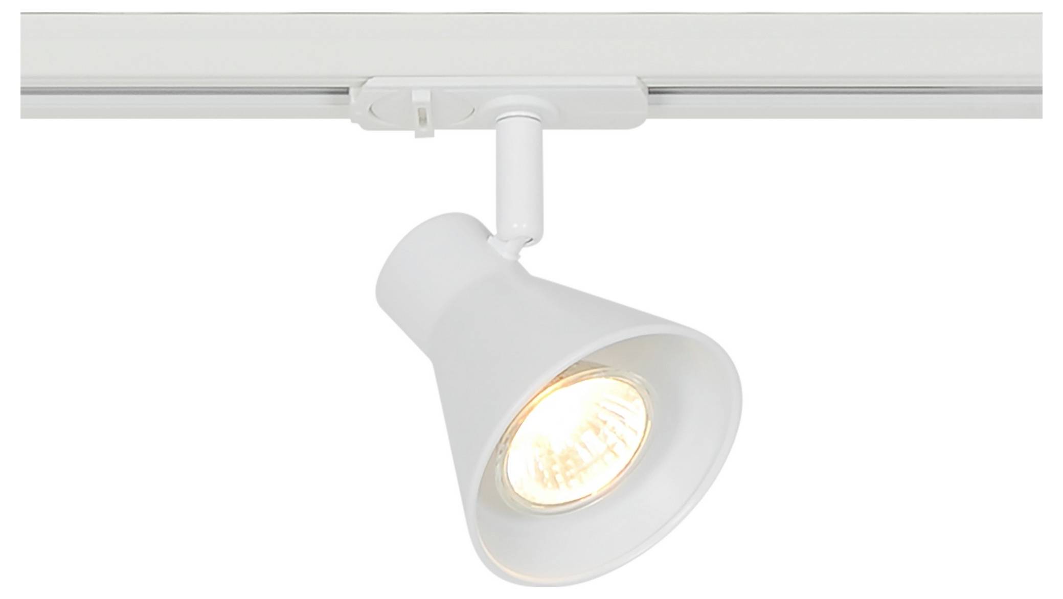 A white track light with a cone-shaped shade is attached to a white rail. The bulb inside is glowing, suggesting it is turned on.
