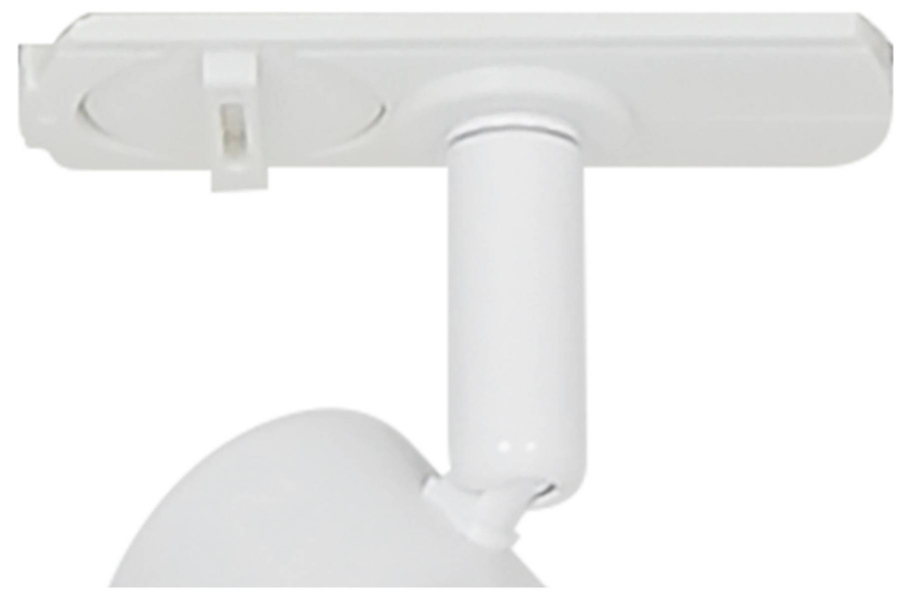 White ceiling-mounted track light with a cylindrical fixture, viewed from the side.