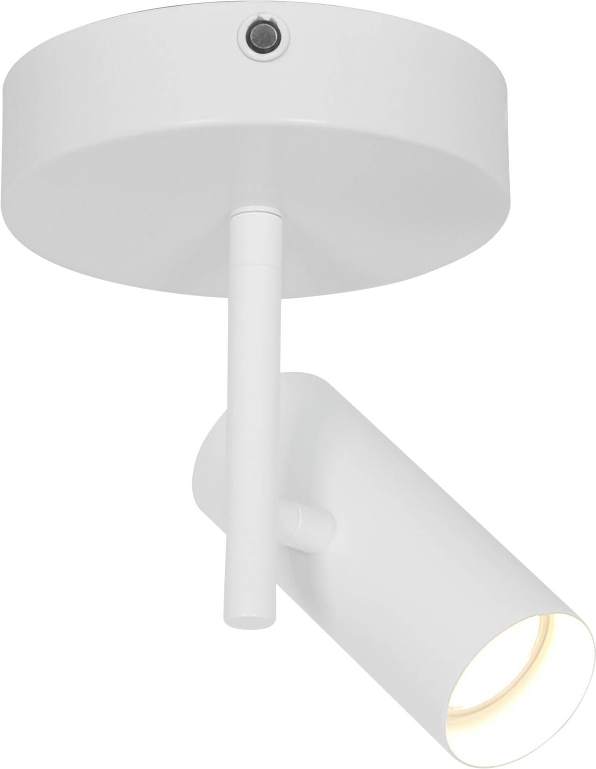 'White ceiling spotlight with cylindrical adjustable head, focusing light downwards.'