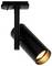 A black cylindrical track light mounted on a ceiling bracket, emitting a soft warm glow.