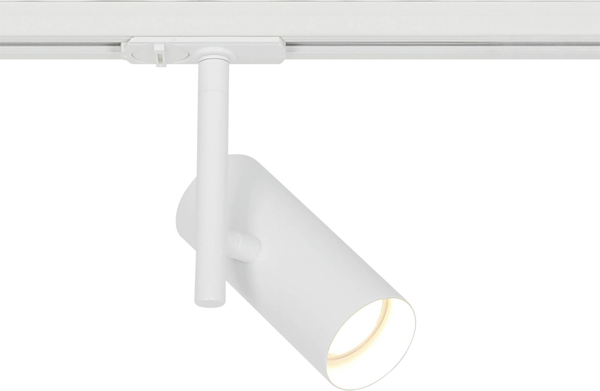 A white track lighting fixture with a cylindrical light, glowing softly, attached to a linear track.