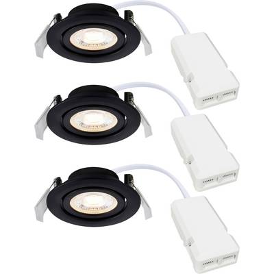 Three black LED recessed ceiling lights with white connectors, arranged in a row, suitable for modern indoor lighting installations.