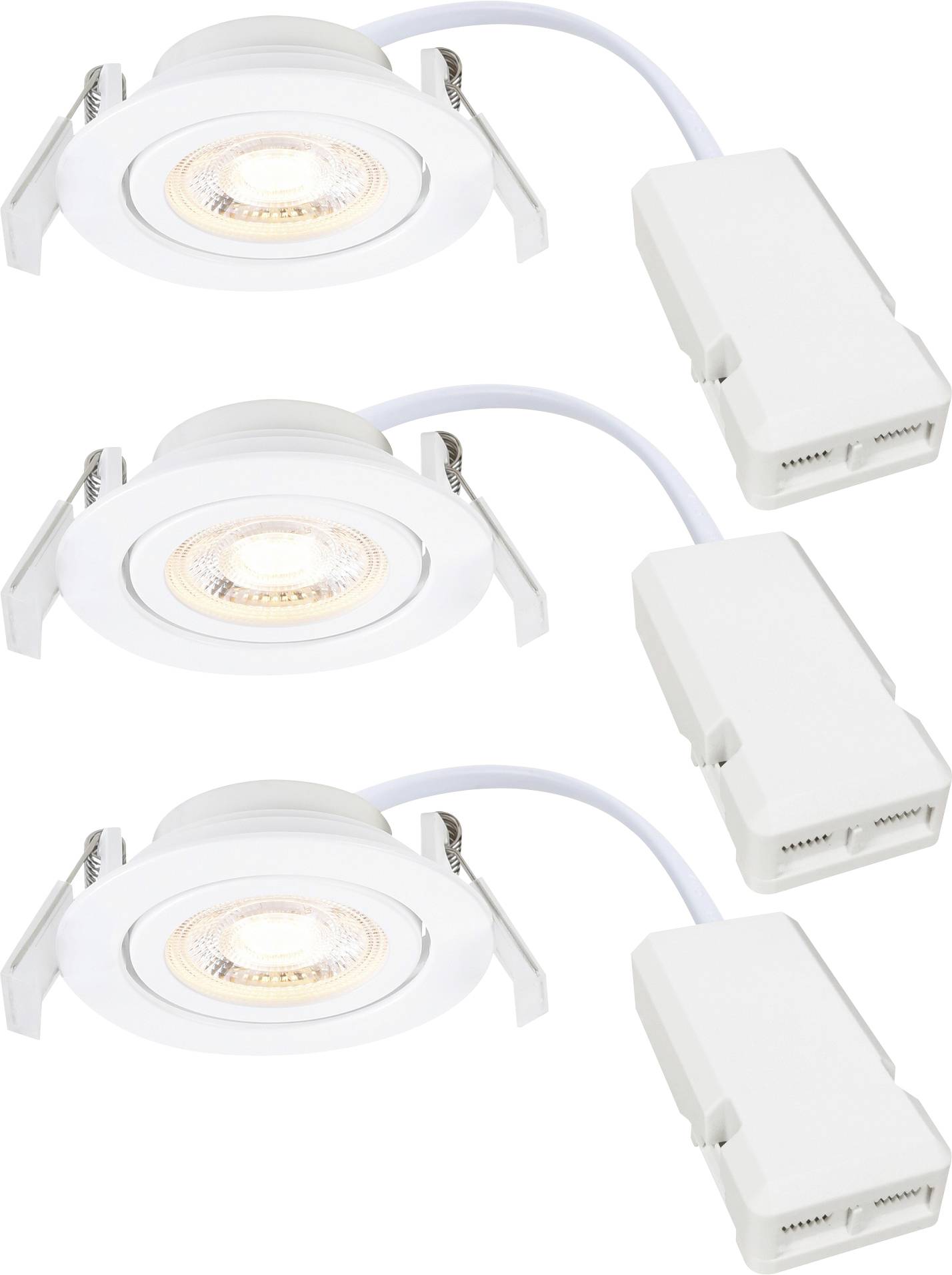Three white recessed LED ceiling lights with connectors and cables, arranged vertically. Suitable for indoor lighting installations.