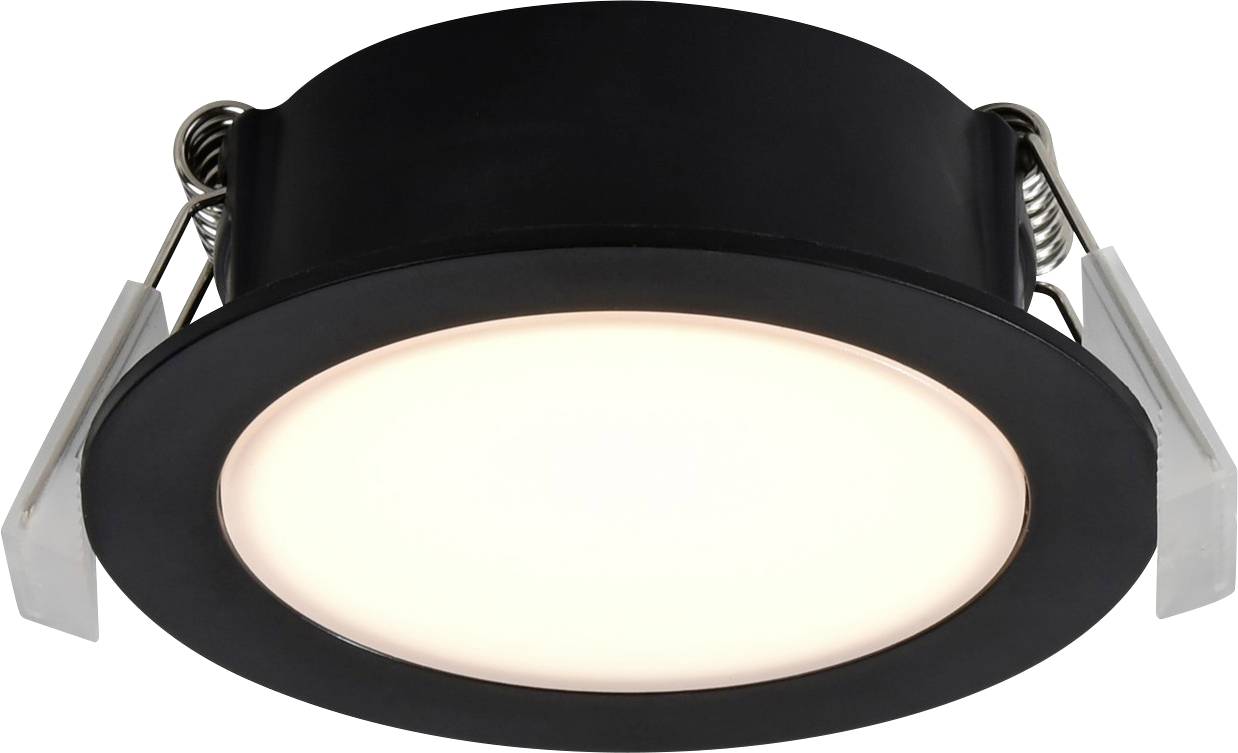 A black, round LED recessed ceiling light with a glowing center, featuring metal spring clips on the sides for mounting.