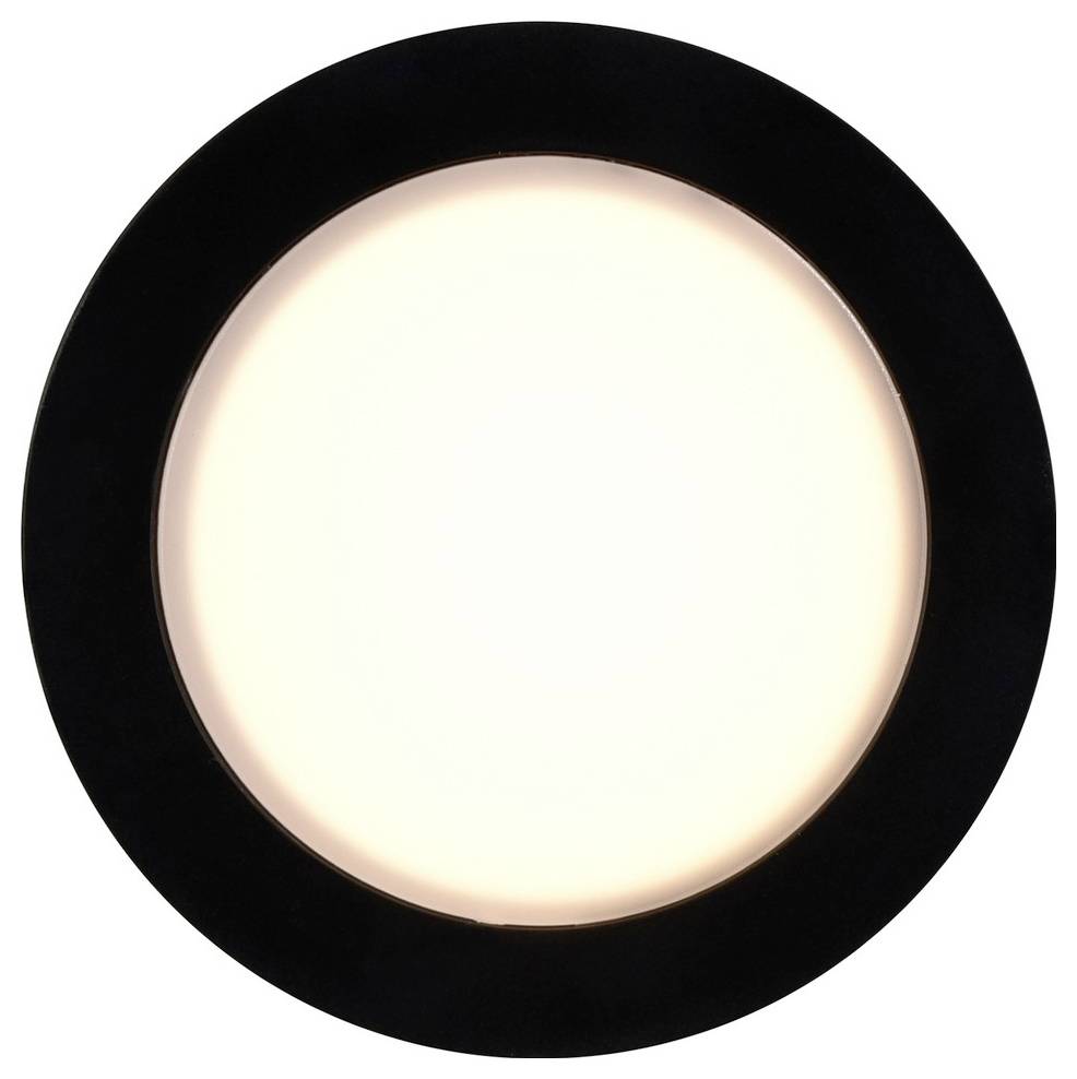 A circular ceiling light with a black frame emits a soft white glow, suitable for modern interiors.