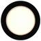 A circular ceiling light with a black frame emits a soft white glow, suitable for modern interiors.