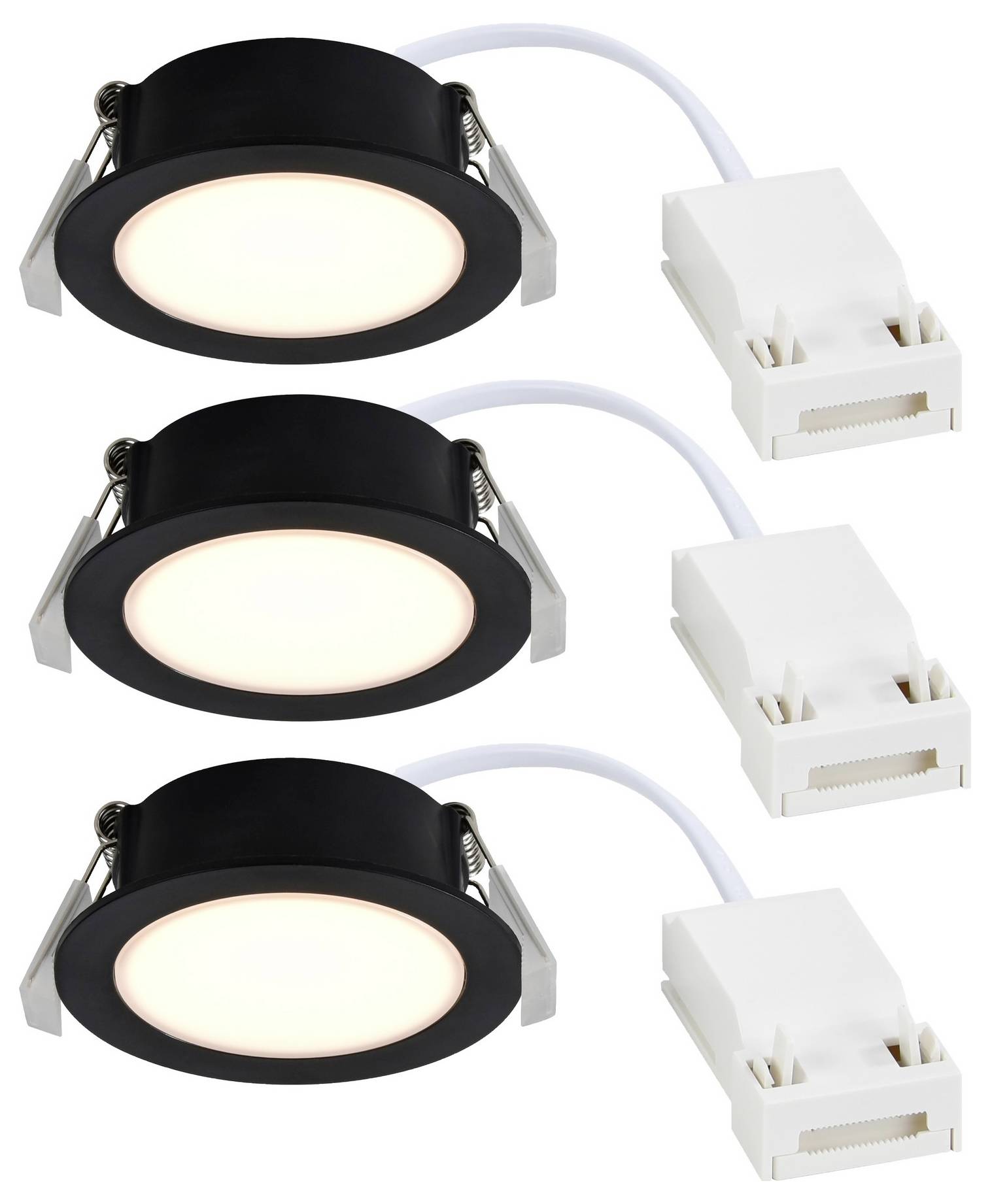 'Three round black recessed LED lights with white connectors and attached wires, positioned in a row on a white background.'