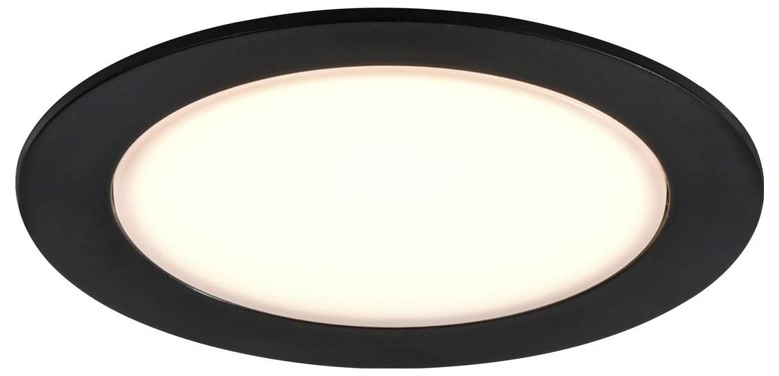 A round, modern LED ceiling light with a black rim and bright white center.